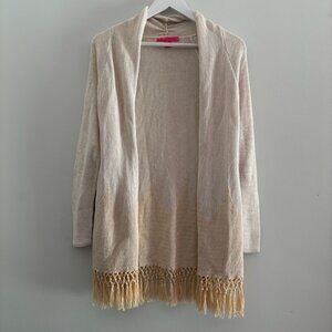 Lilly Pulitzer Gold Metallic Tatum Long Fringe Hem Open Front Cardigan Sweater S